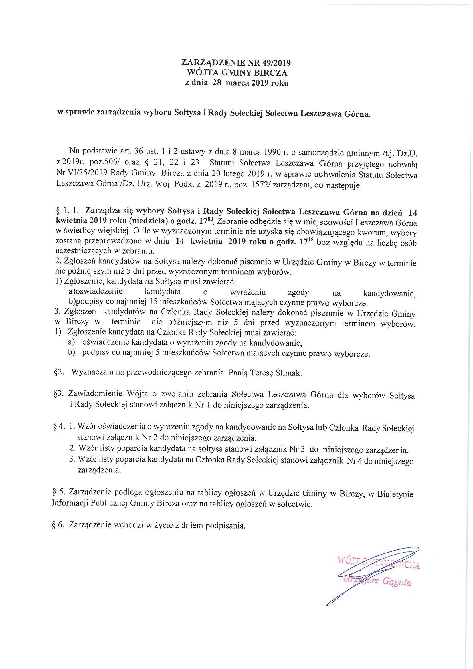 ------- Zarządzenie w sprawie wyboru Sołtysa i Rady Sołeckiej Leszczawa Górna.jpg